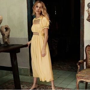 Doen Yellow Smocked Silk Castalia Dress XS
